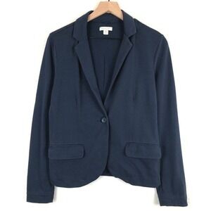GARNET HILL 100% Cotton Knit Blazer Women's Sz 6 Navy Lined Single Button Jacket